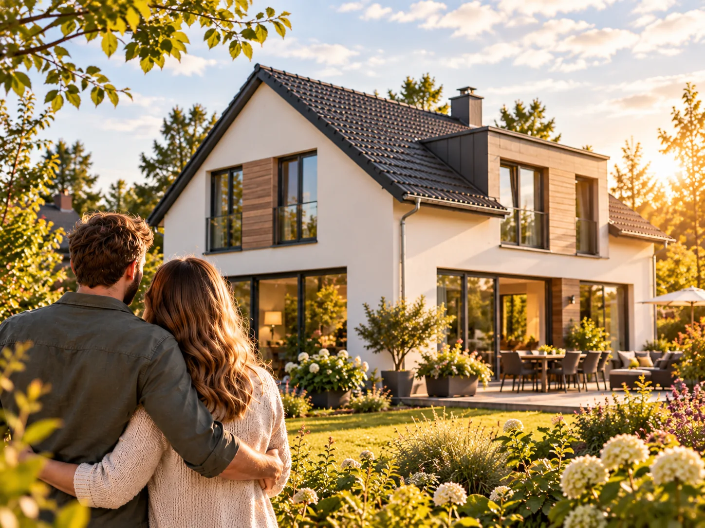 Paar vor einem modernen Einfamilienhaus in warmer Abendstimmung